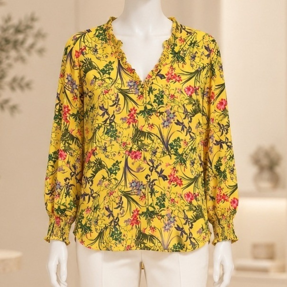 Counterparts Womens Blouse Yellow Floral V-Neck Smocked Cuffs XL